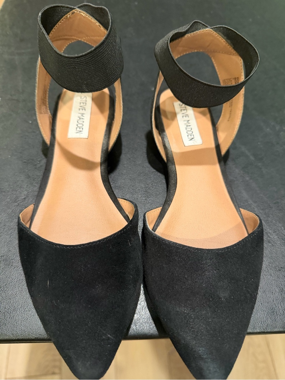 Steve Madden Black Pointed D'Orsay Flats with Elastic Ankle Strap